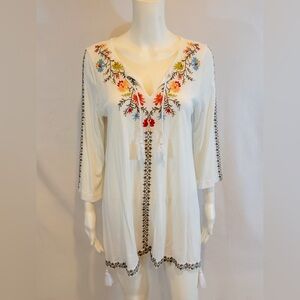 J. Jill Boho embroidered White Tunic Top - 3/4 sleeve - medium